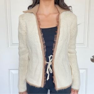 Cream Cardigan with Brown Ruffle